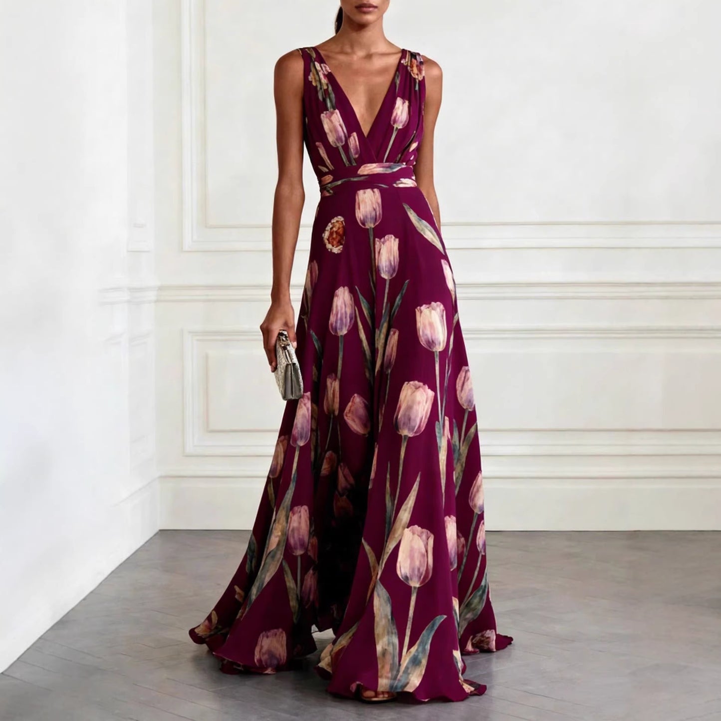 Elegant Tulip Print Evening Dress for Women Sleeveless V-Neck Chiffon Long Dress