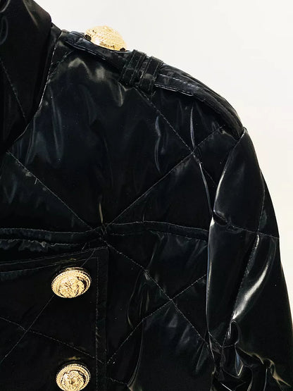 Designer donsjas voor dames met leeuwenknopen en ruitvormig stiksel