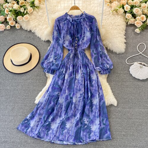 Autumn Women Printed Long Dress Vintage Ruffle Stand Collar Puff Sleeve High Waist Elegant Maxi Robe Female Big Swing Dress