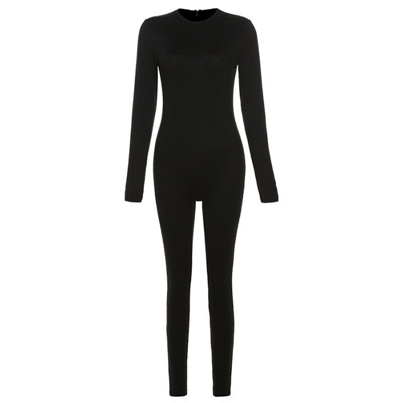 Style Solid Color High-Waisted Skinny Bodycon Jumpsuit Women Streetwear Sporty Fashion
