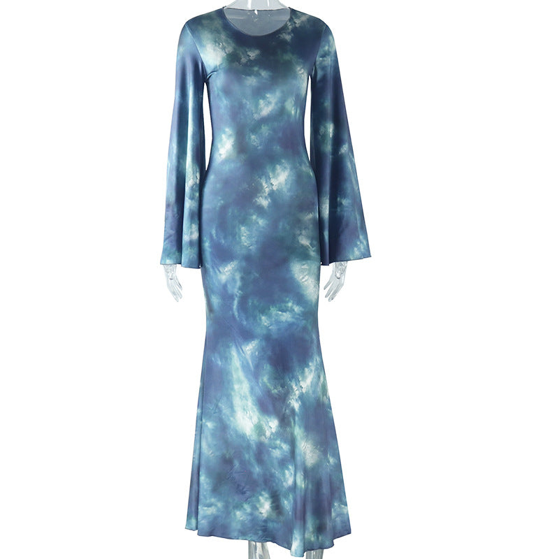 Round neck dress with printed flared sleeves Dress