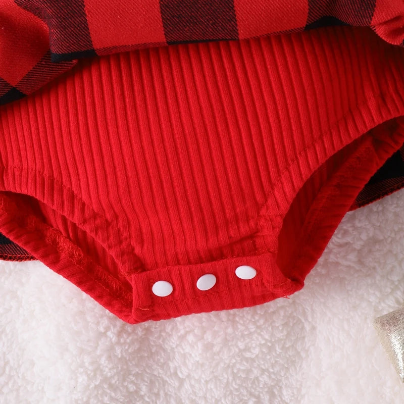 Babyjurk met kanten ruches details en ruitjespatroon plus hoofdband