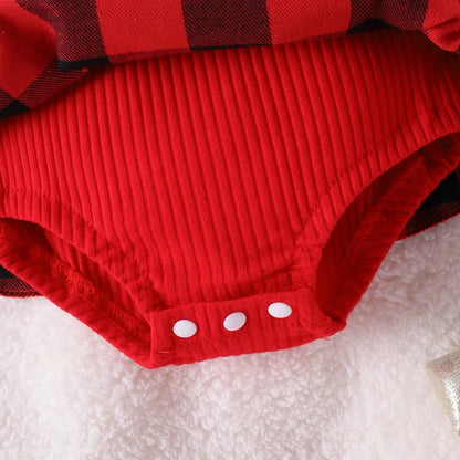 Babyjurk met kanten ruches details en ruitjespatroon plus hoofdband