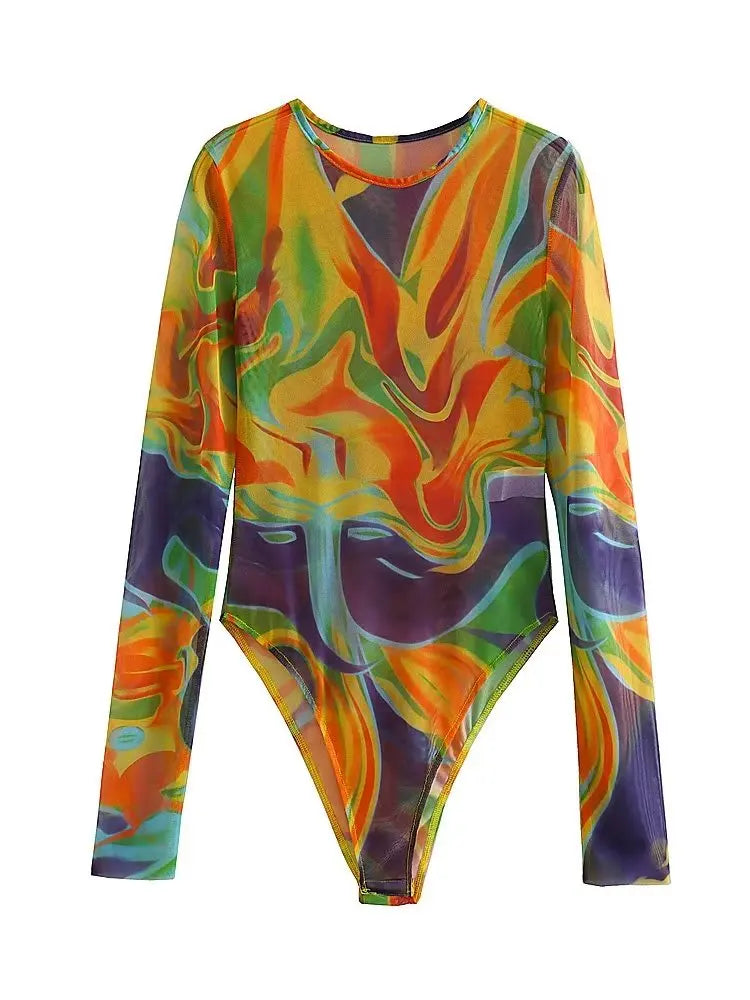 Dames bodysuit met lange mouwen mesh-stretchstof en tie-dye print