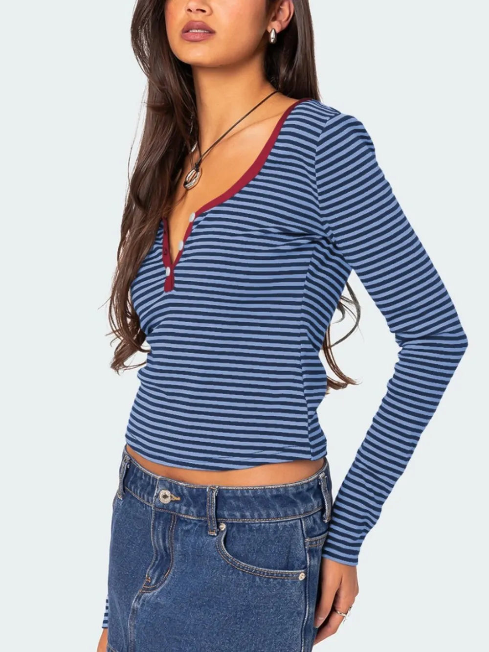 Color blocking striped knitted sweater women's summer top button slim fit shoulder t-shirt