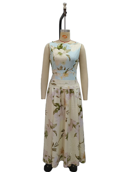 Mouwloze damesjurk met V-hals bloemenprint open rug en getailleerde lange rok