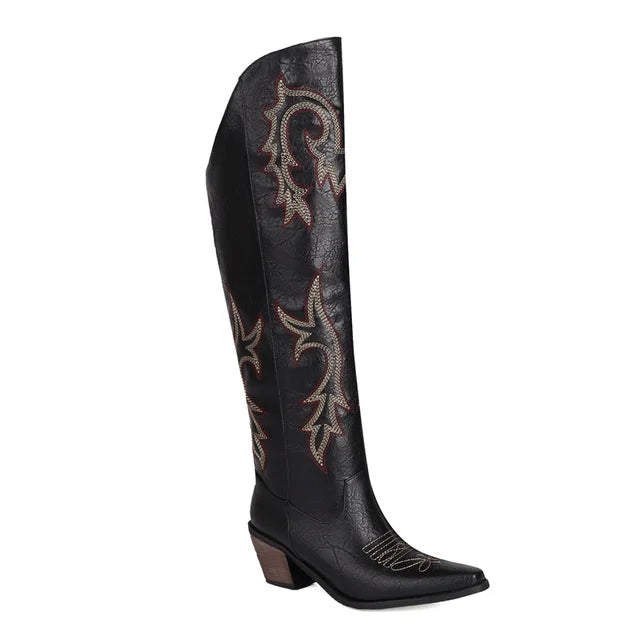 Western overknee vegan leren cowboylaarzen met spitse neus print en strass