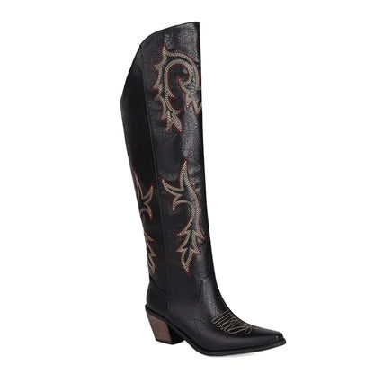 Western overknee vegan leren cowboylaarzen met spitse neus print en strass