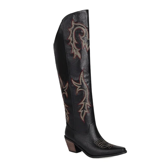 Western overknee vegan leren cowboylaarzen met spitse neus print en strass