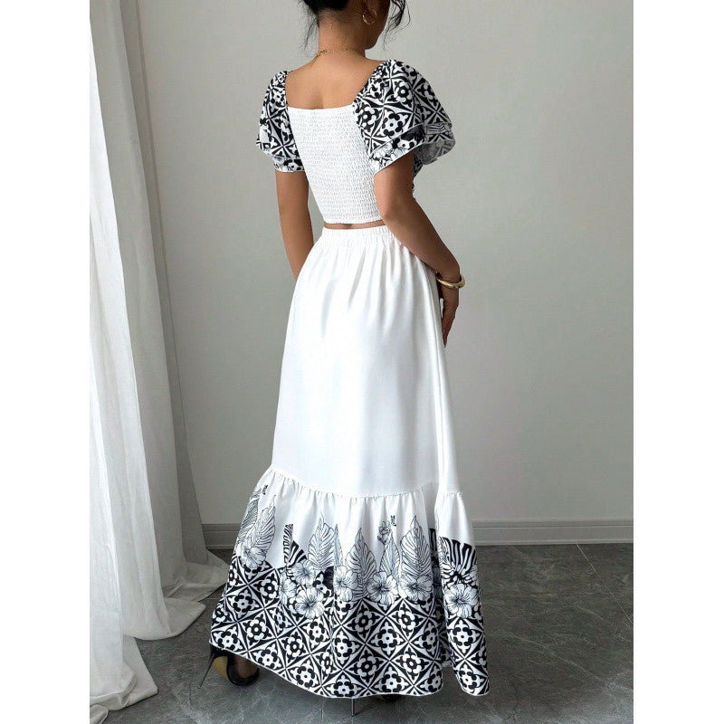 Elegante zomerset met print en A-lijn maxi-rok voor dames