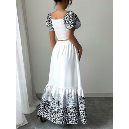 Elegante zomerset met print en A-lijn maxi-rok voor dames