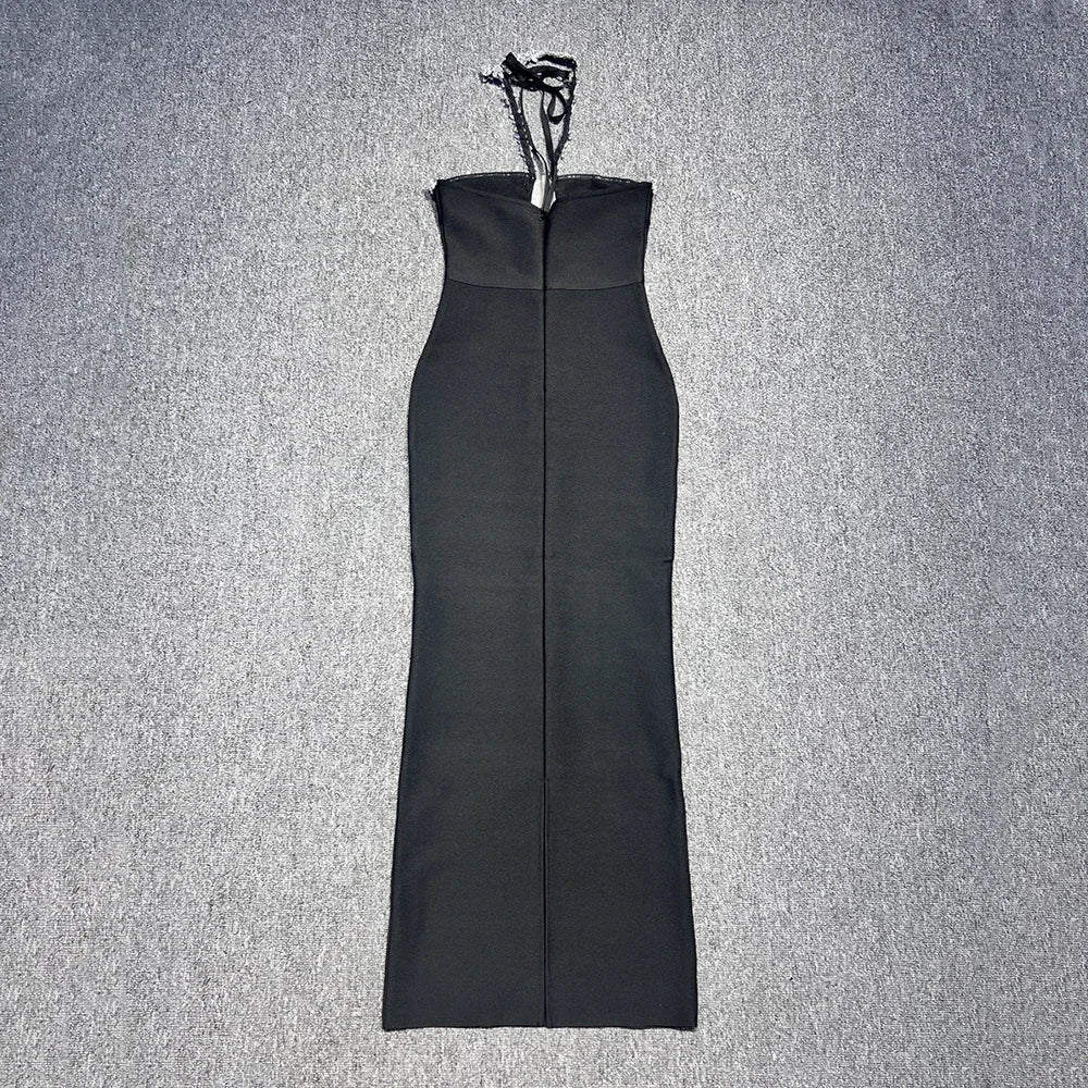 Zwarte strapless luxe strakke lange bandagejurk met steentjes en split