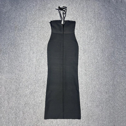 Zwarte strapless luxe strakke lange bandagejurk met steentjes en split