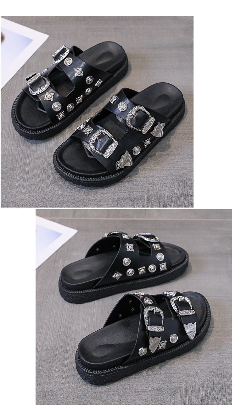 Zwarte PU-leren  slippers met klinknagel en gespsluiting