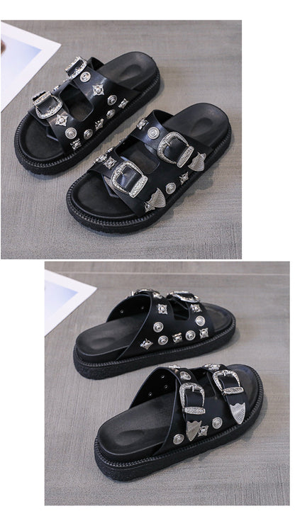 Zwarte PU-leren  slippers met klinknagel en gespsluiting