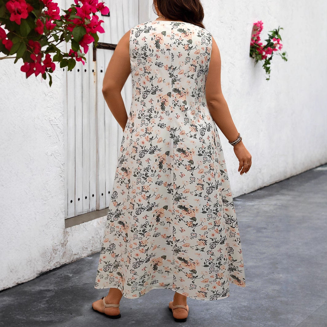 Loose Dress Style Plus Size Printed Sleeveless Strap Pocket Long Dress