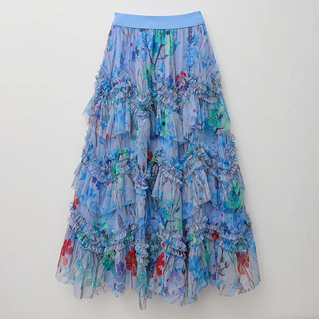 New style simple and romantic printed skirt for women with loose summer lace, slimming A-line skirt