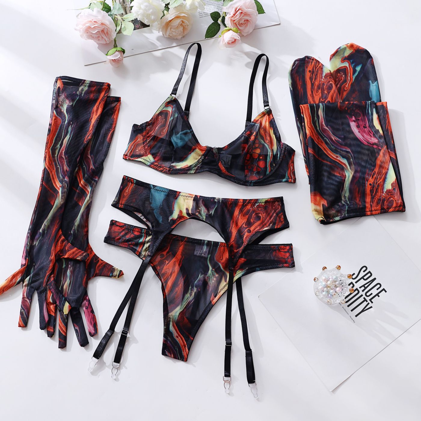 Lingerie Set with Gloves and Stockings - Mesh Printed Design