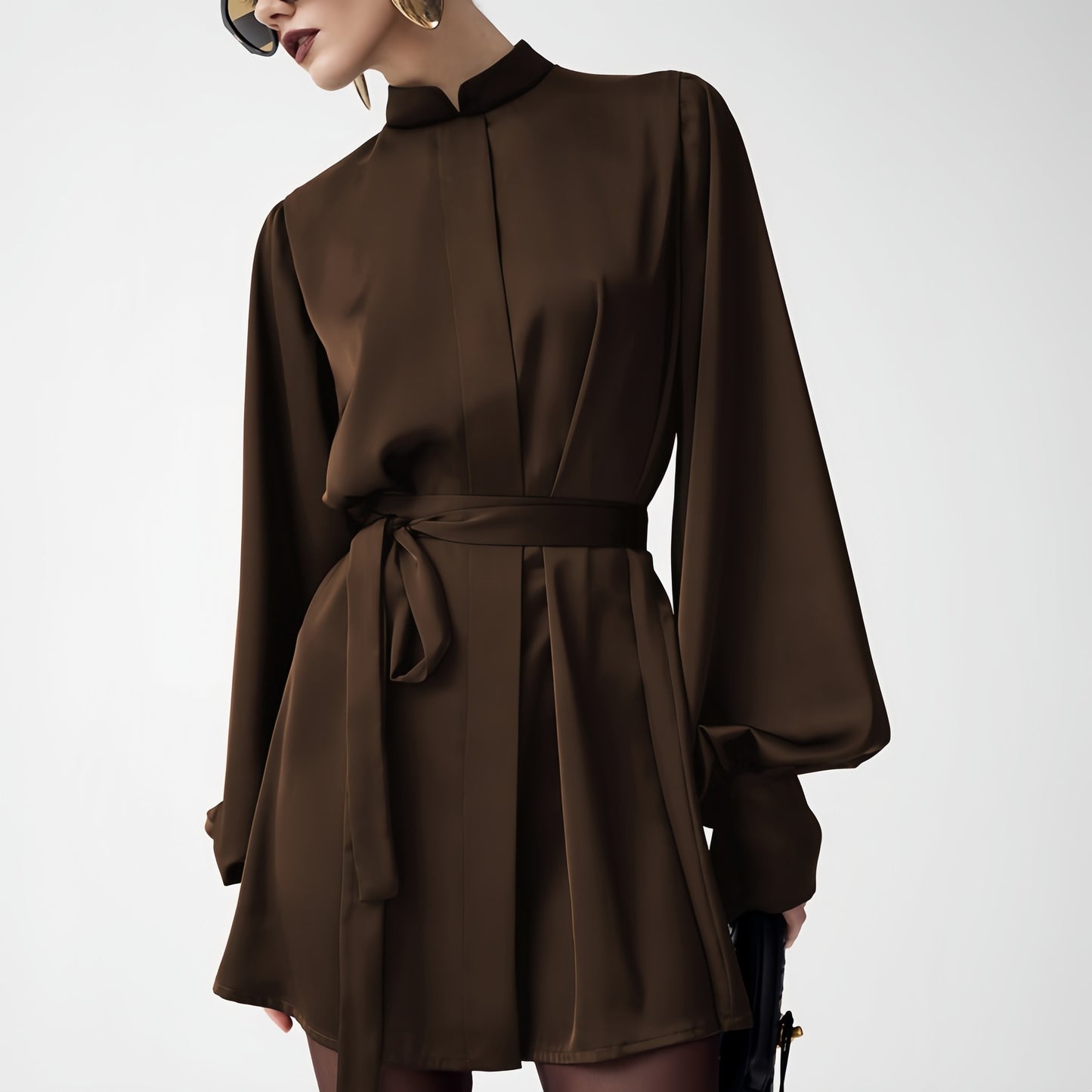 Elegant Satin Lantern Sleeve Loose Tie-Waist Dress