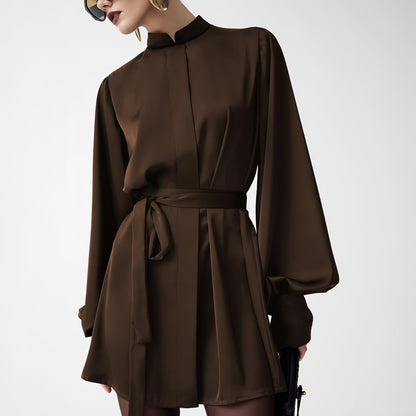 Elegant Satin Lantern Sleeve Loose Tie-Waist Dress