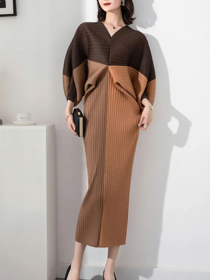 Women Elegant Pleated Dress Batwing Sleeve V-neck Patchwork Straight Dresses  Summer Female Fashion Clothing