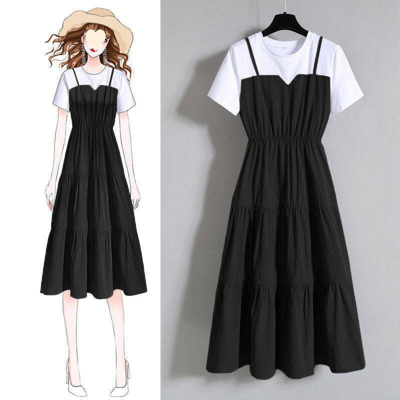 Plus Size Women's  Strap Fake Two-Piece Long Dress Fat Girl Waist-Slimming Short Sleeve Dress