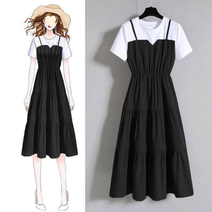 Plus Size Women's  Strap Fake Two-Piece Long Dress Fat Girl Waist-Slimming Short Sleeve Dress