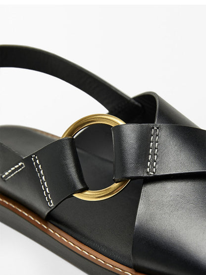 Summer new leather cross strap flat slippers black Roman sandals for women