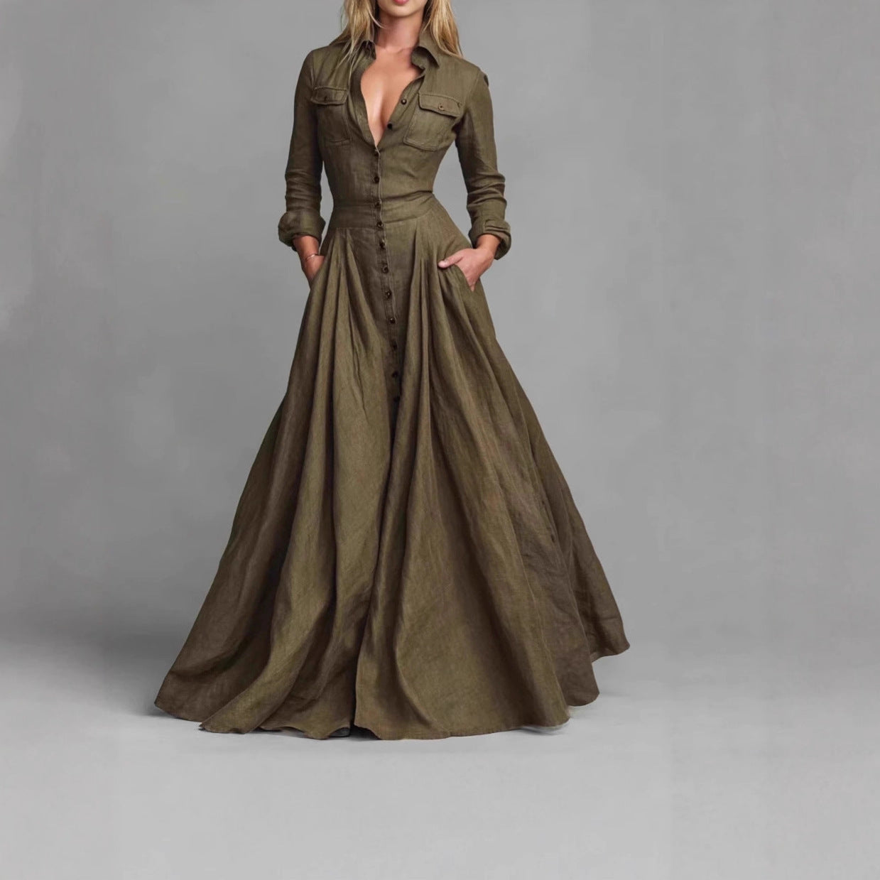 Elegant High-Waisted Maxi Dress with Long Sleeves and Turn-Down Collar Flared Silhouette Casual Women's Dress