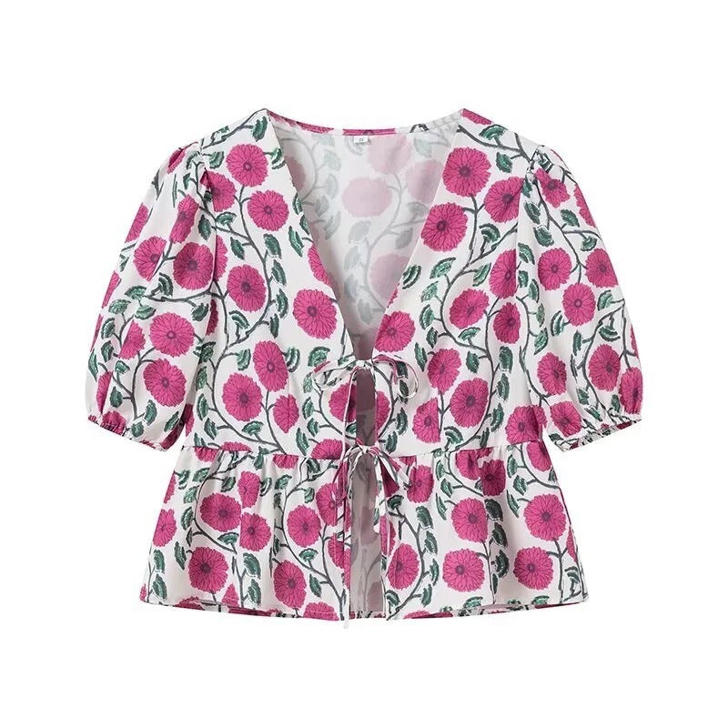 Women's Fashion Printed Loose Short Blouse + High-Waisted Casual Skirt