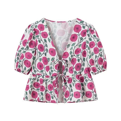 Women's Fashion Printed Loose Short Blouse + High-Waisted Casual Skirt
