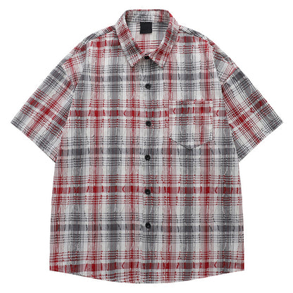 Plaid Couple Shirt Unisex Summer Short Sleeve Loose Casual Outerwear