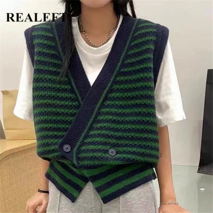 REALEFT Oversize Stripe Women's Vest Sweaters V-Neck New Autumn Winter Vintage Loose Chic Cardigan Vest Sweater Tops Female
