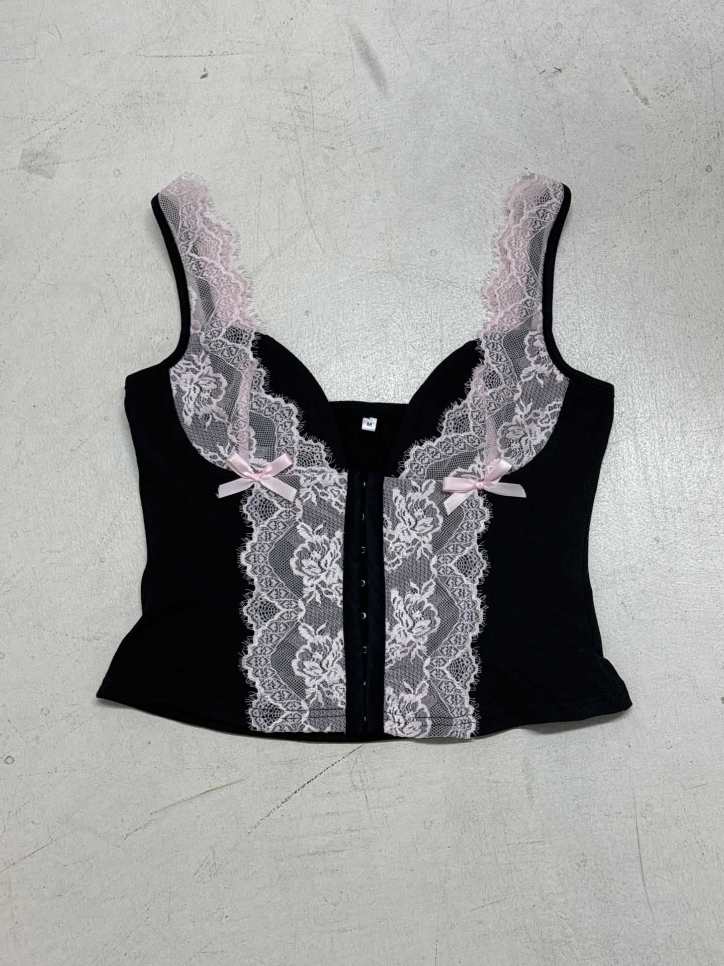 Sexy Women's Crop Top - Pure and Seductive Style Color Block Lace Fake Two-Piece V-Neck Strapless Bustier with Waist Cinching Design