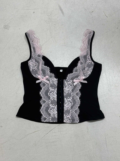 Sexy Women's Crop Top - Pure and Seductive Style Color Block Lace Fake Two-Piece V-Neck Strapless Bustier with Waist Cinching Design