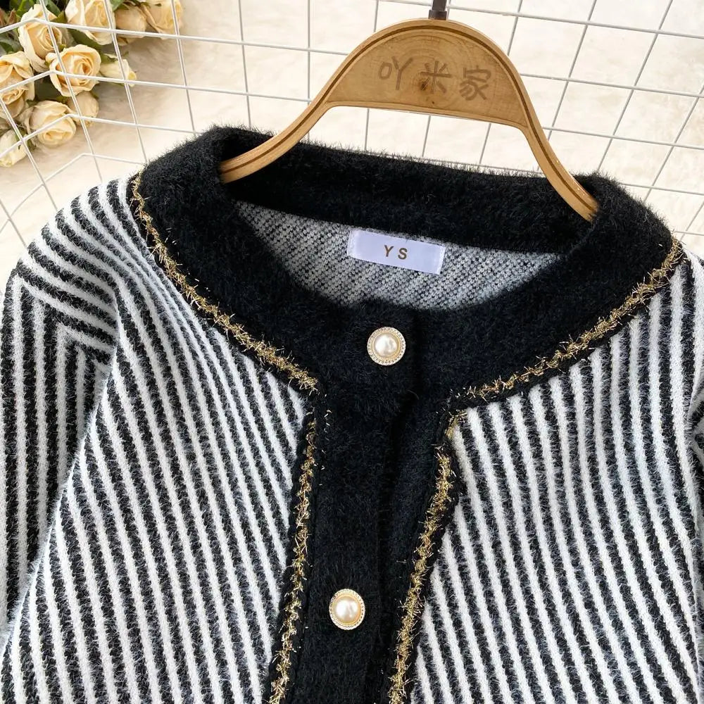 Women O-Neck Stripe Knitted Sweater Skirt Sets Autumn Wrap Hip Skirt Two Piece Suit Cardigans 2 Piece Sets Womens Outifits