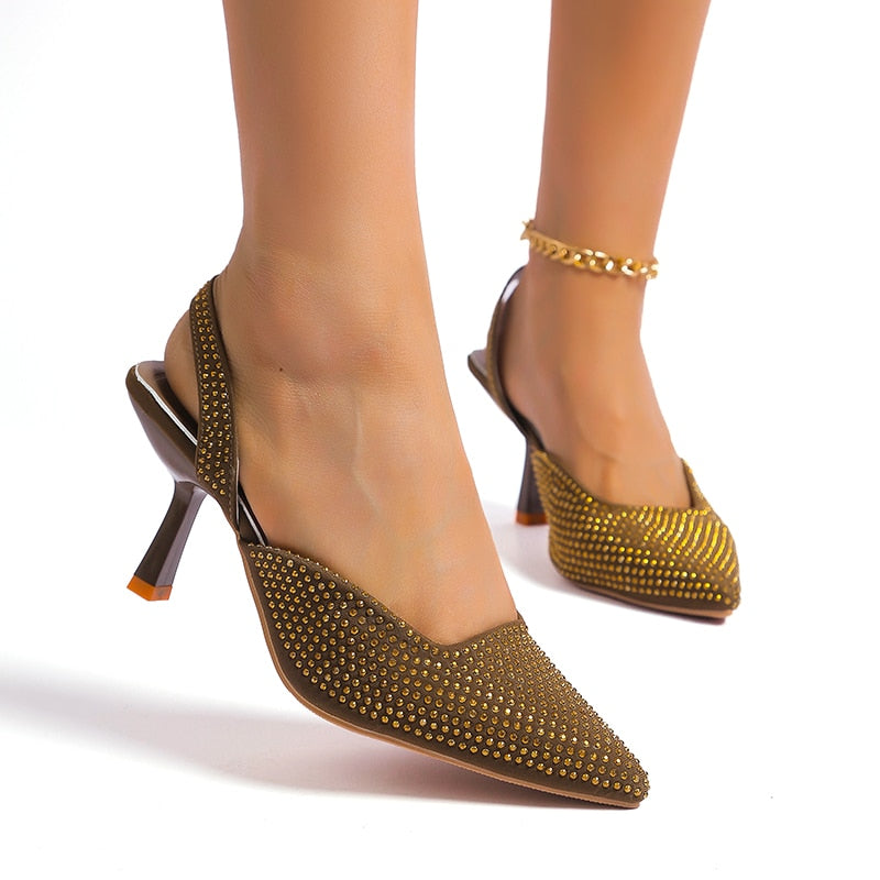 Slingback pumps met strass dunne hoge hak en spitse neus