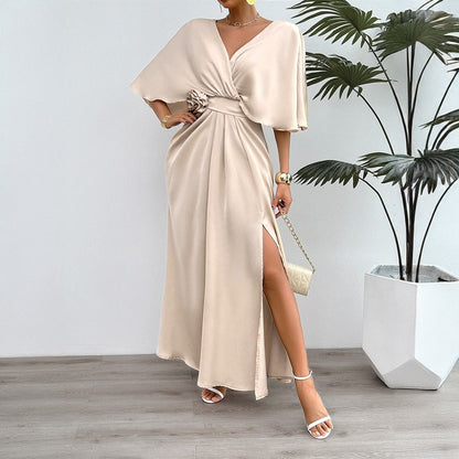 European and American spring and summer women's clothing temperament pure desire V-neck batball sleeve dress