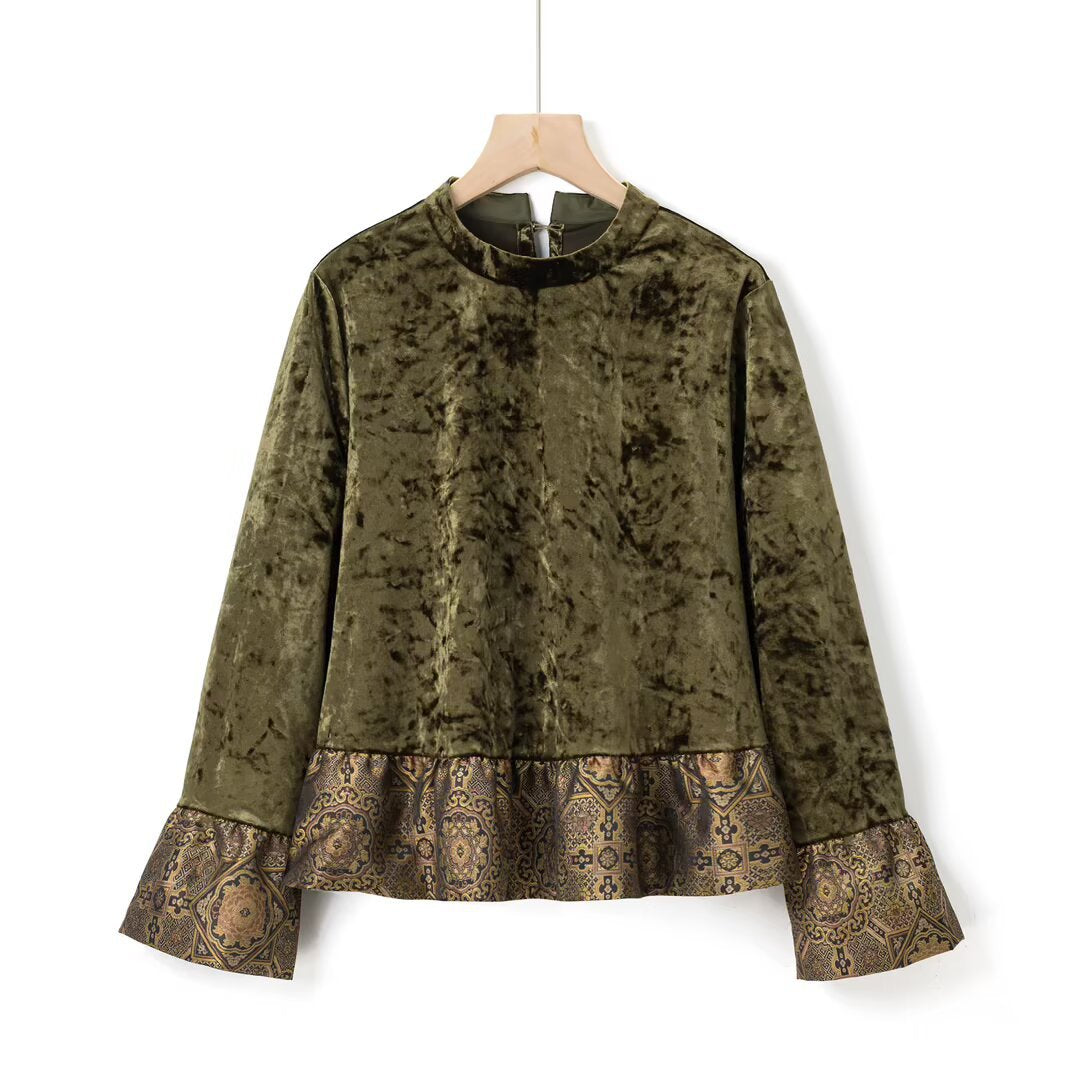 Elegant round neck long sleeved patchwork velvet top