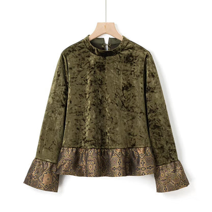 Elegant round neck long sleeved patchwork velvet top