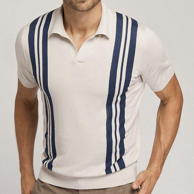 Zomerse gestreepte gebreide casual poloshirt met korte mouwen