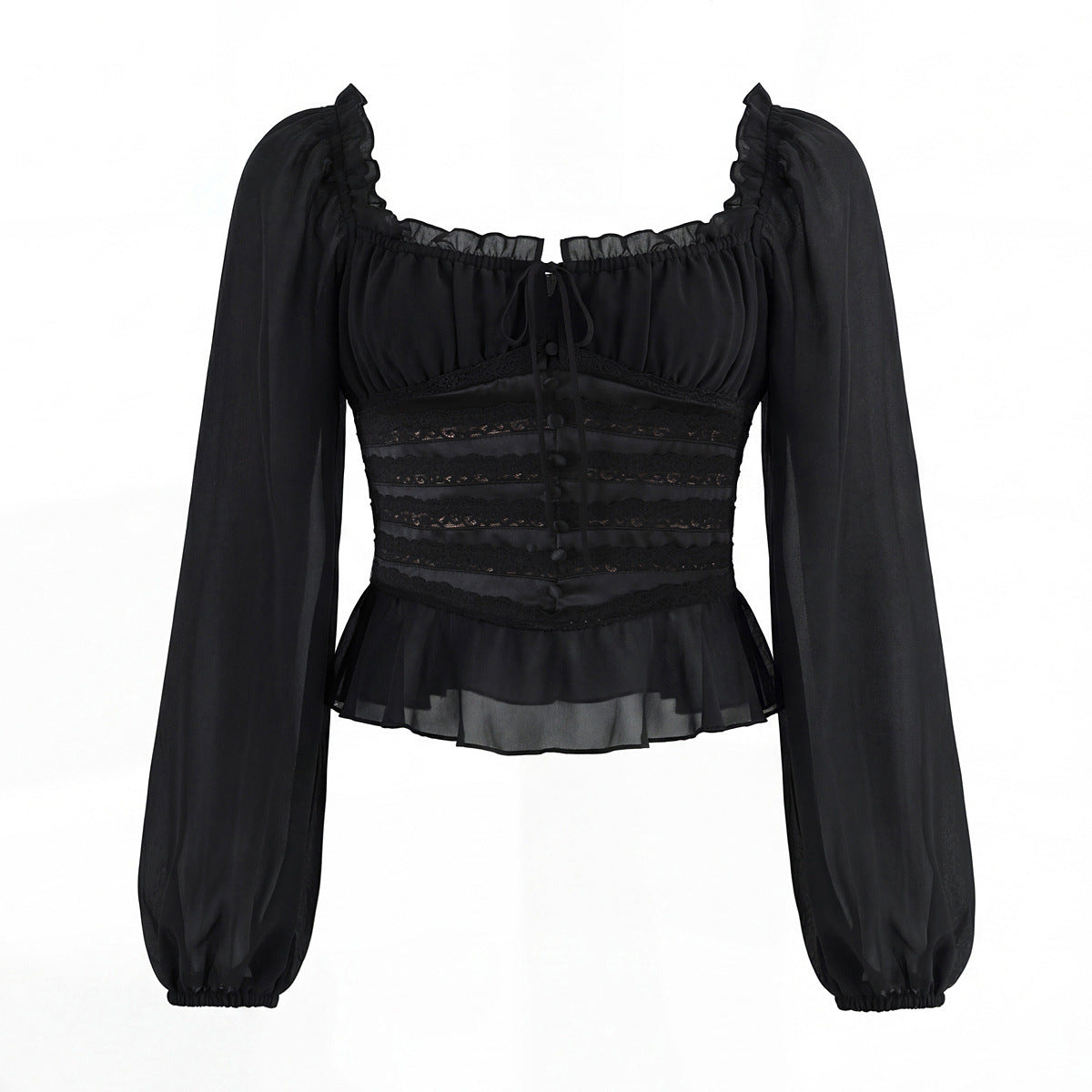 Sweet black long sleeved chiffon ruffle hem top