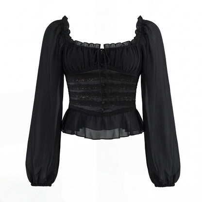 Sweet black long sleeved chiffon ruffle hem top