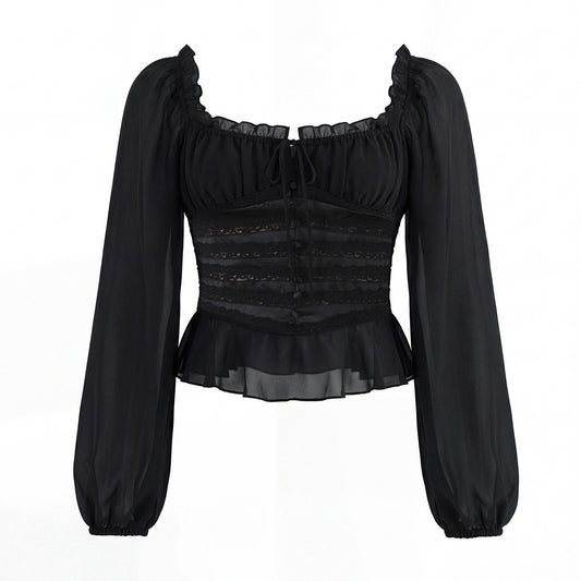 Sweet black long sleeved chiffon ruffle hem top