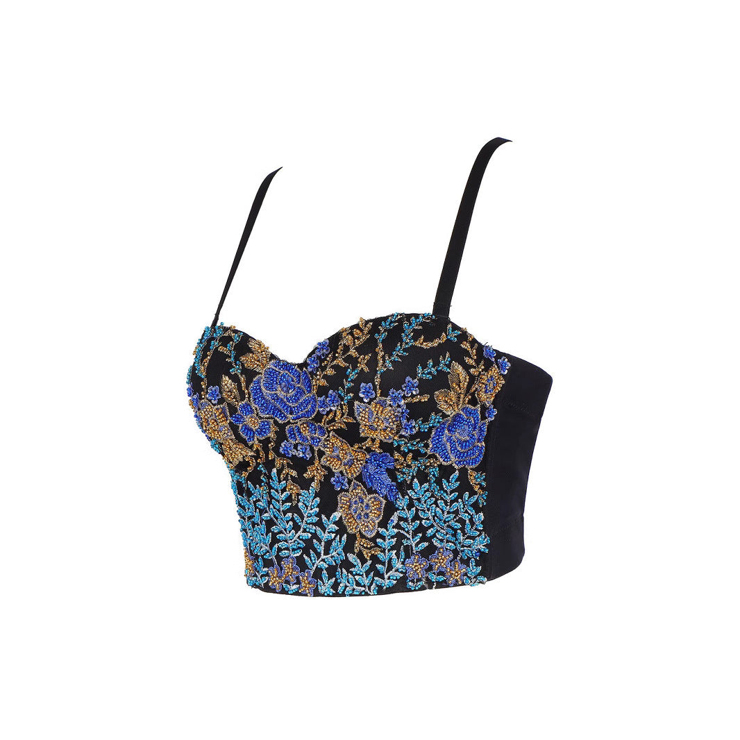 Sexy Spaghetti Strap Bustier with Color Block Embroidery and Boning for Women