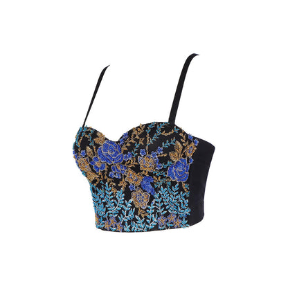 Sexy Spaghetti Strap Bustier with Color Block Embroidery and Boning for Women