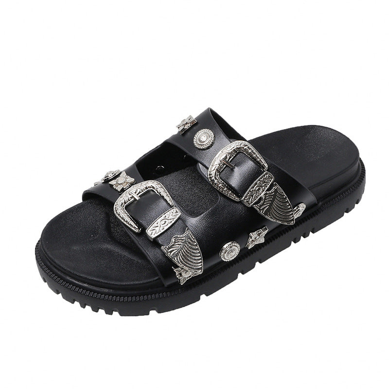 Zwarte PU-leren  slippers met klinknagel en gespsluiting