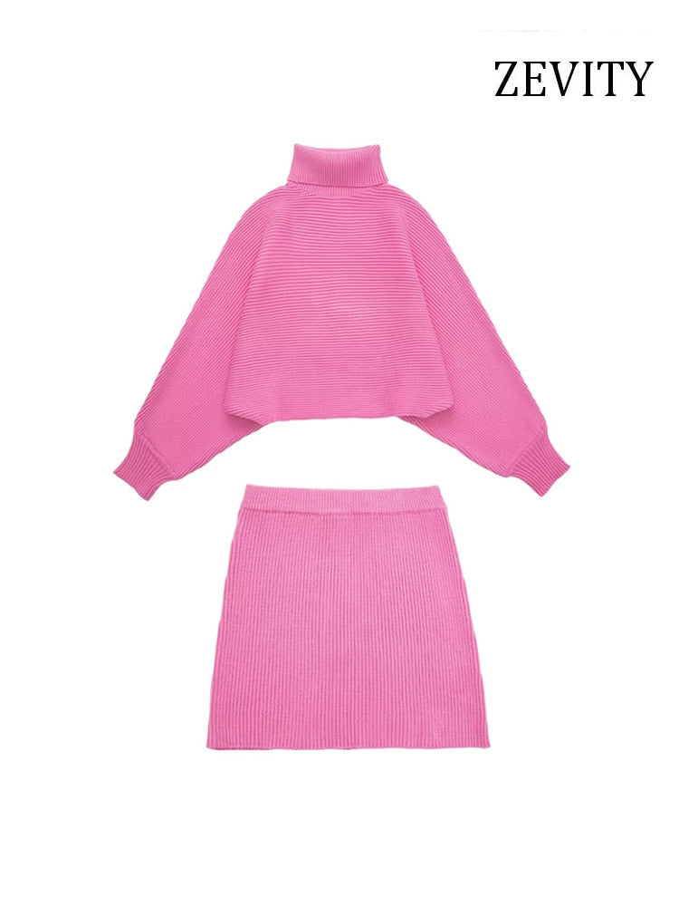 Women Fashion Loose Turtleneck Knit Sweater And High Elastic Waist A Line Mini Skirts Female Two Piece Sets