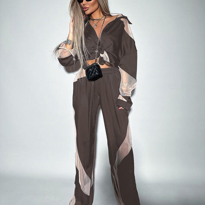 EU tweedelige losse geplooide broek met hoge taille en casual shirts met lange mouwen