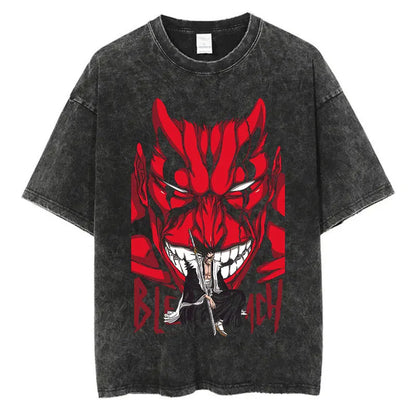 Anime Printed T-Shirt Summer Cotton Washed Vintage Short Sleeve